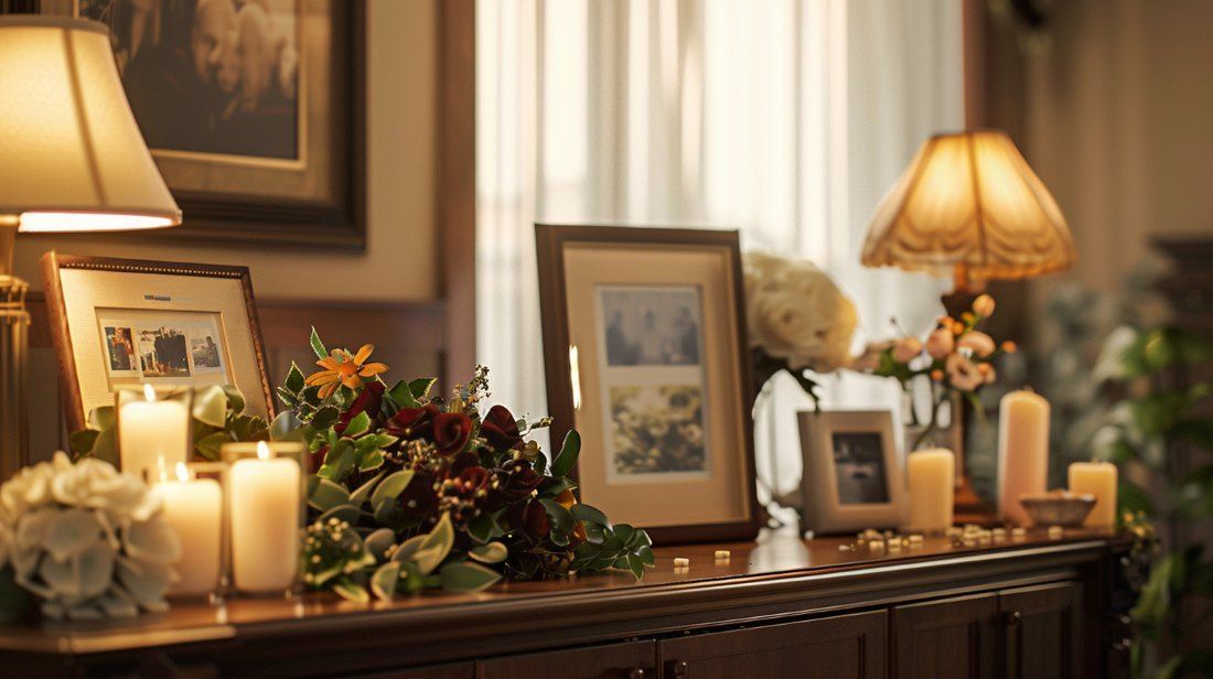 Candles, framed photos, and floral tributes on a wooden memorial table at Santa Rosa, CA funeral home and cremations.