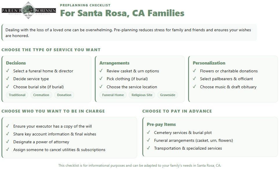 Preplanning checklist from Santa Rosa, CA funeral home and cremations listing decisions, arrangements, and prepay items.