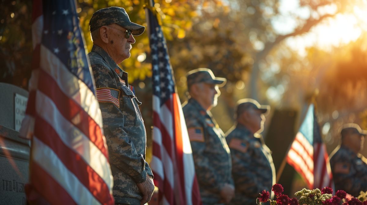 Veterans in camouflage stand with American flags at a memorial service by Santa Rosa, CA funeral home and cremations.