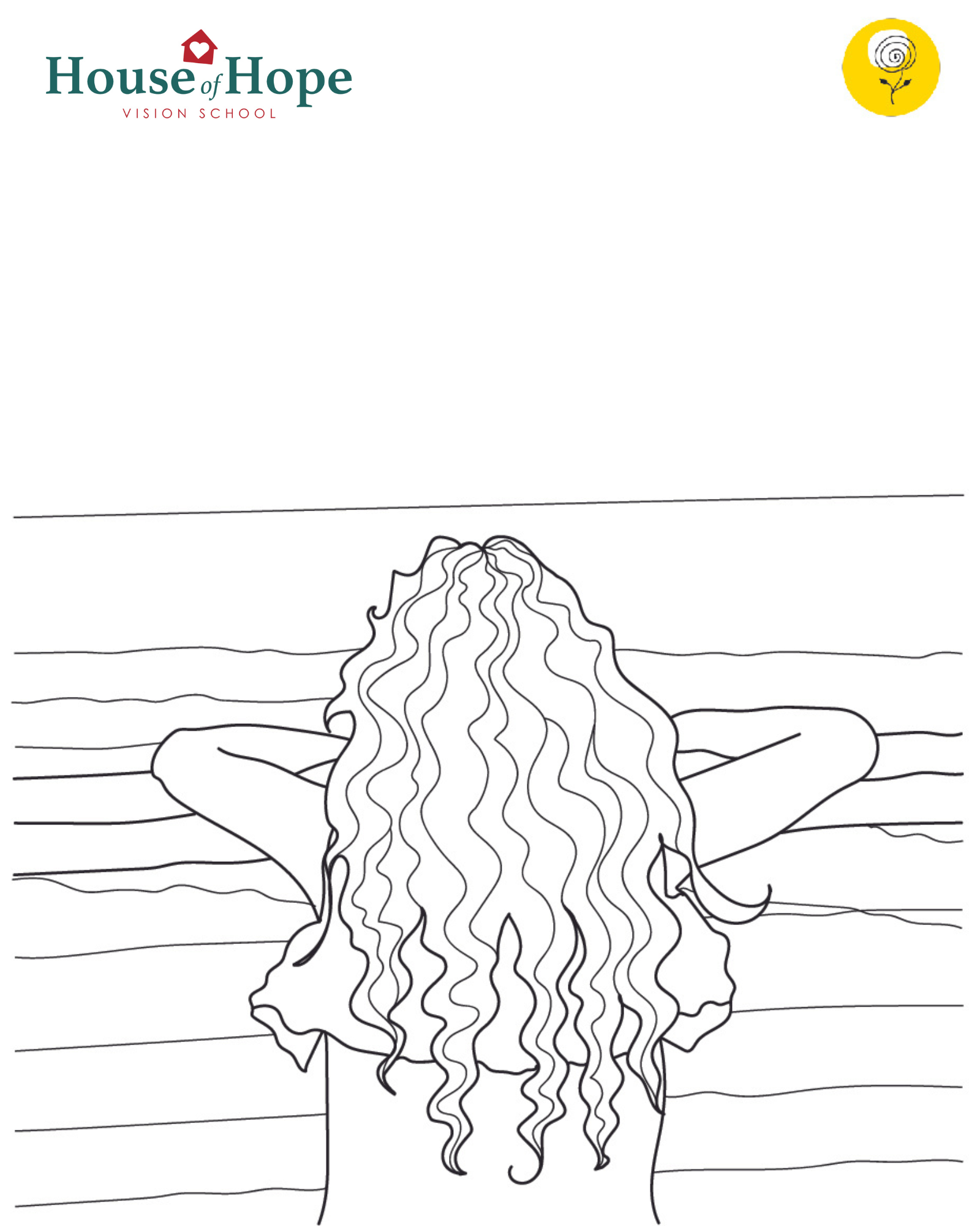 A black and white drawing of a woman with curly hair looking at the ocean.