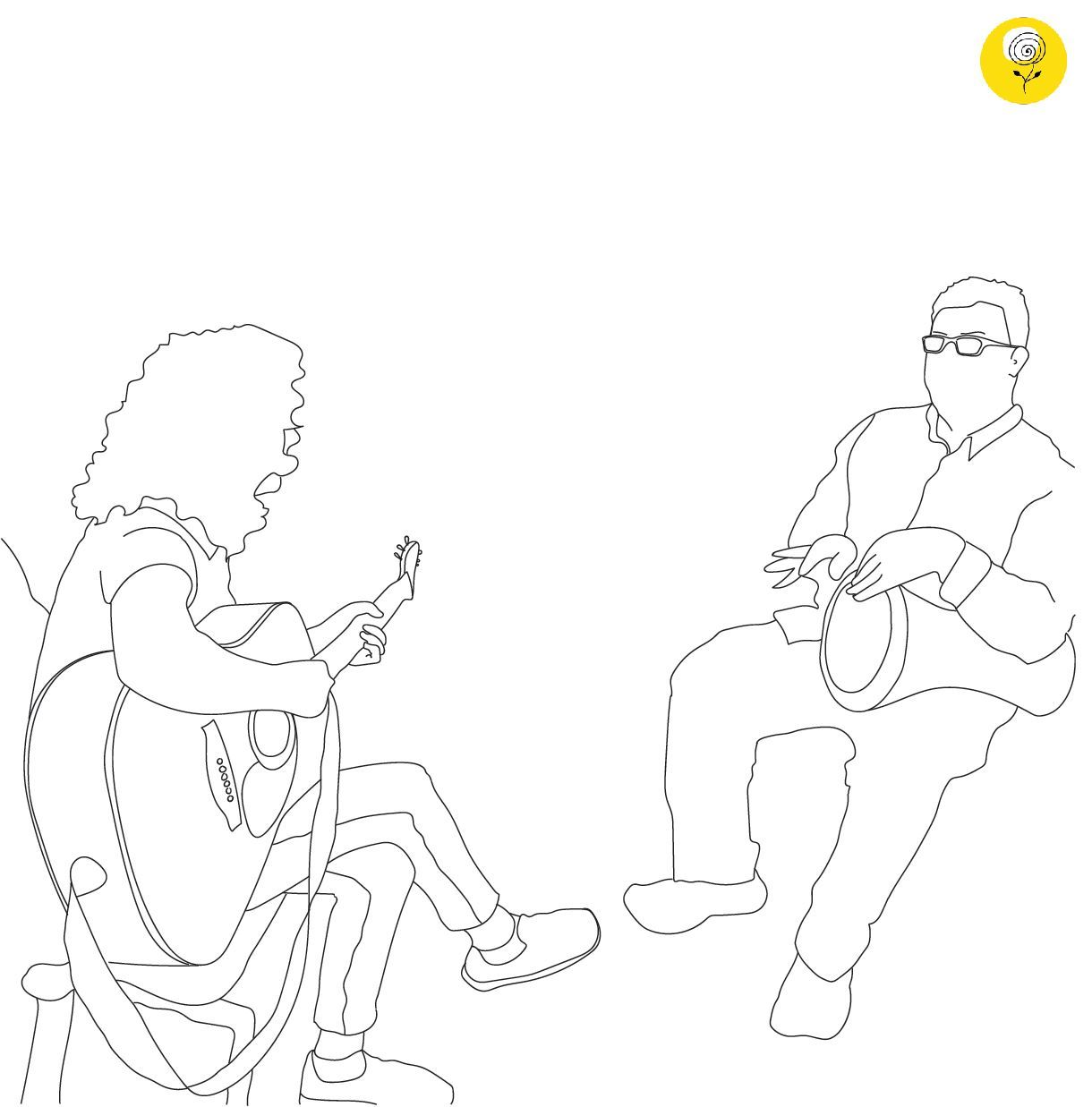 A black and white drawing of two people sitting next to each other playing instruments.