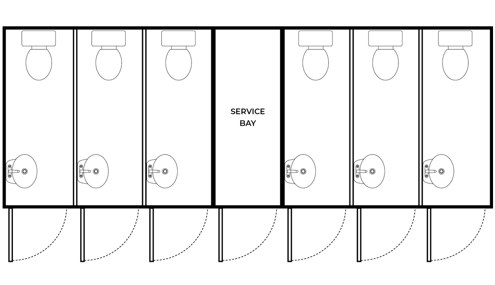 6 bay toilet with sink floorplan layout from little rooms hire