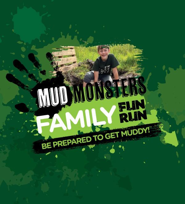 Mud Monsters Family Fun Run poster on green background with muddy runner and bold event text