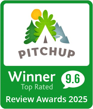 A green sign that says pitchup winner 9.6 top rated review awards 2023