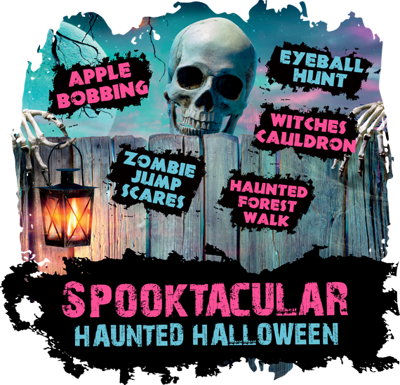 A poster for a haunted halloween event with a skull on a wooden fence.