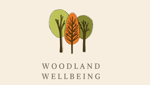 A logo for woodland wellbeing with three trees on a beige background.