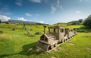 A wooden train is sitting in the middle of a grassy field.
