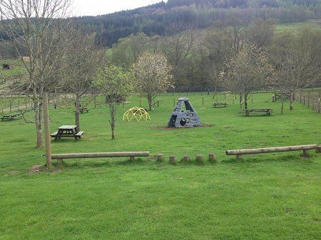 A lush green field with a picnic table and trees in the background.