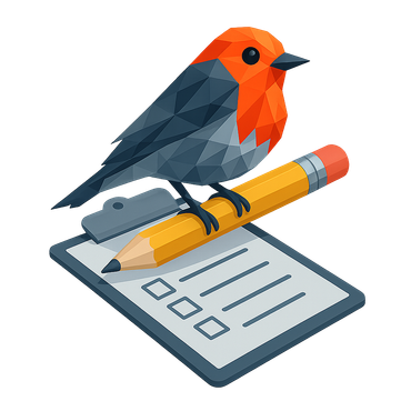 A Red Robin bird is sitting on a clipboard with a pencil on it.