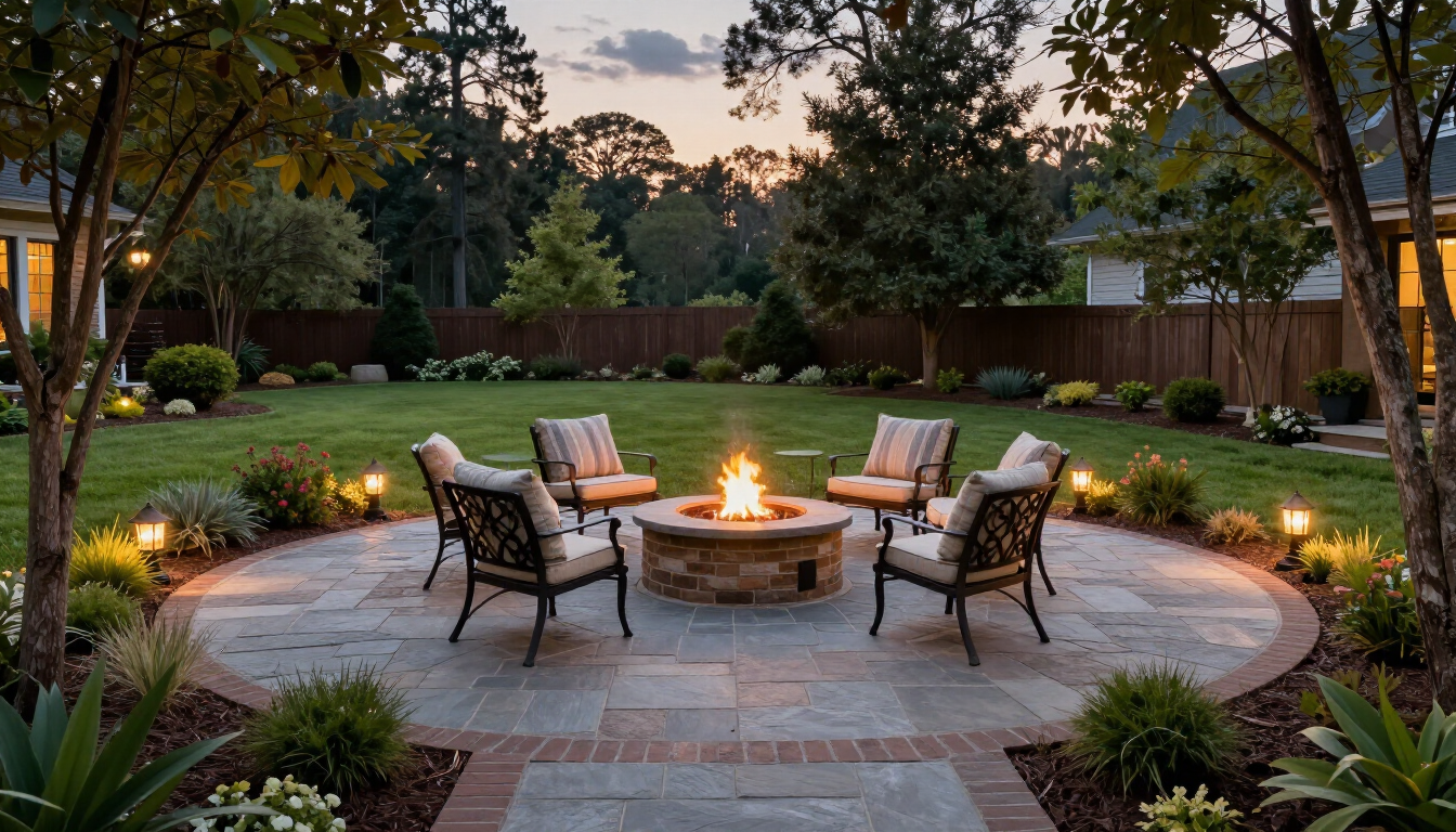 A beautifully designed outdoor living space in Birmingham featuring a stone patio and comfortable seating.