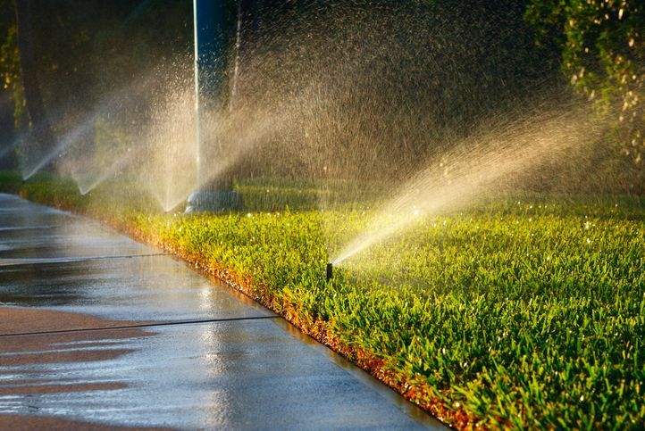 A black drain is sitting next to a lush green lawn.