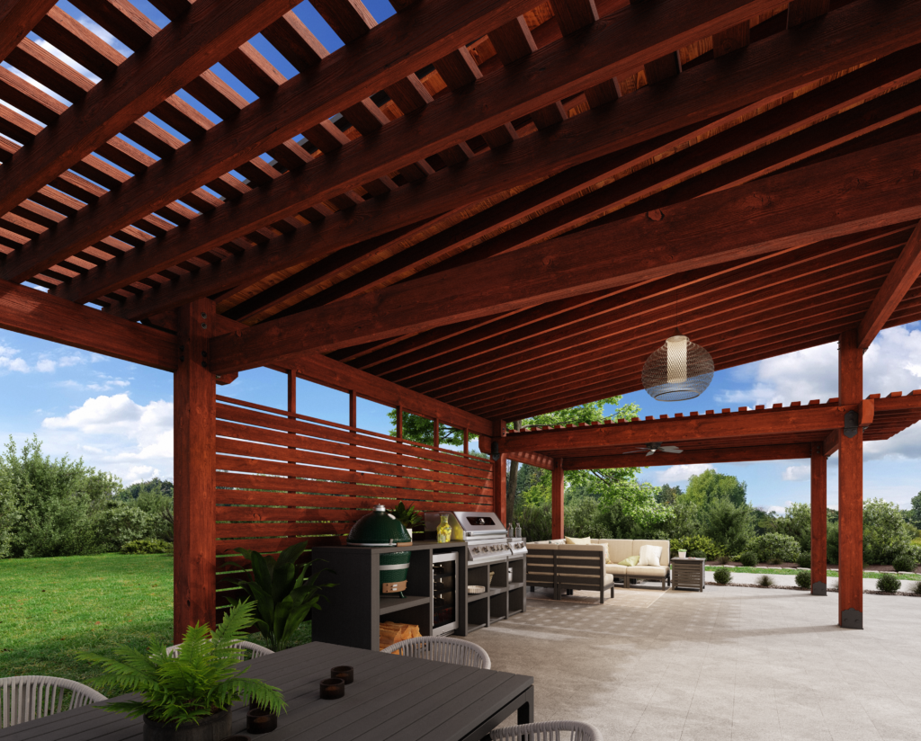 A patio with a pergola , couch , table and chairs.