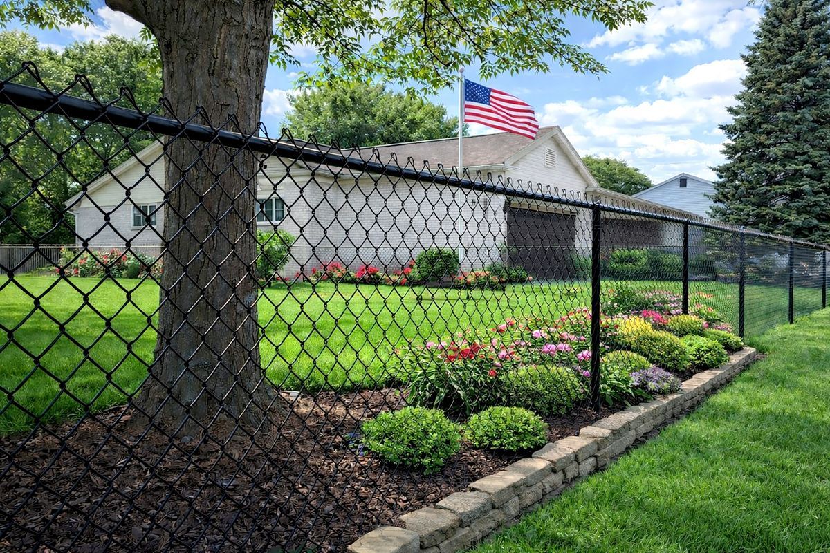 Black chain-link fence beside a manicured lawn, flower bed, and American flag in a suburban yard