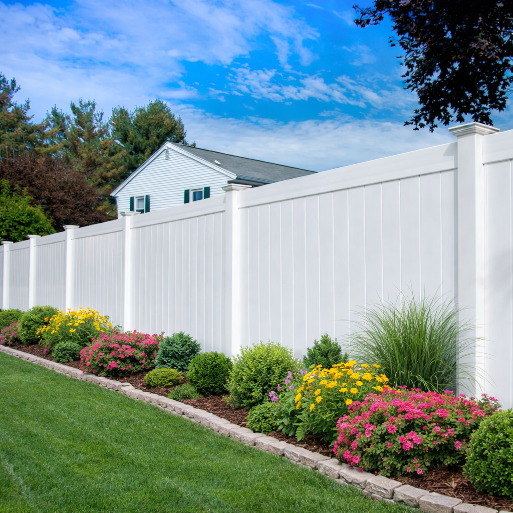 White vinyl fence beside a green lawn and colorful garden flowers under a blue sky