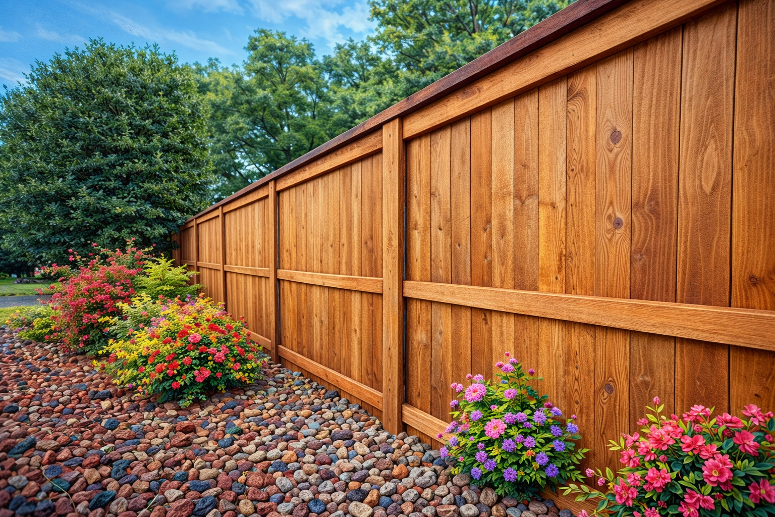 Wooden fence along a landscaped garden with colorful flowers and gravel ground