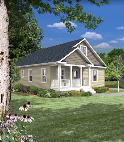 An artist 's impression of a small house with a porch