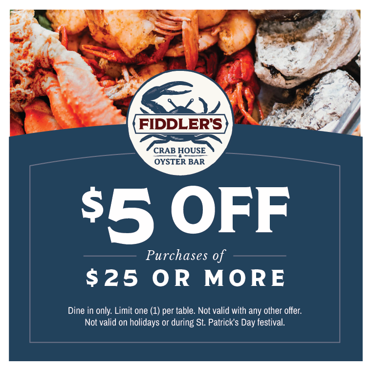 fiddler 's crab house and oyster bar is offering a free appetizer with purchase of 2 entrees .