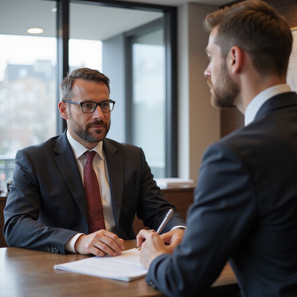 Two men in suits at a table, one writing on a document while the other looks on.