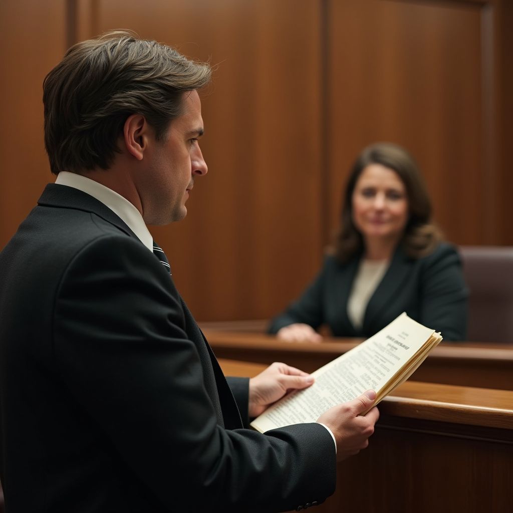 Man in suit reading document in courtroom, woman in background.