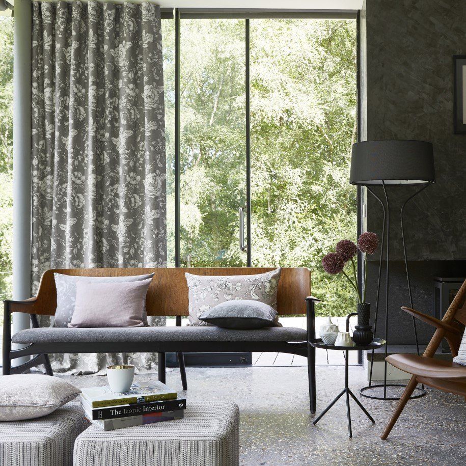 Washed grey curtains with flower design