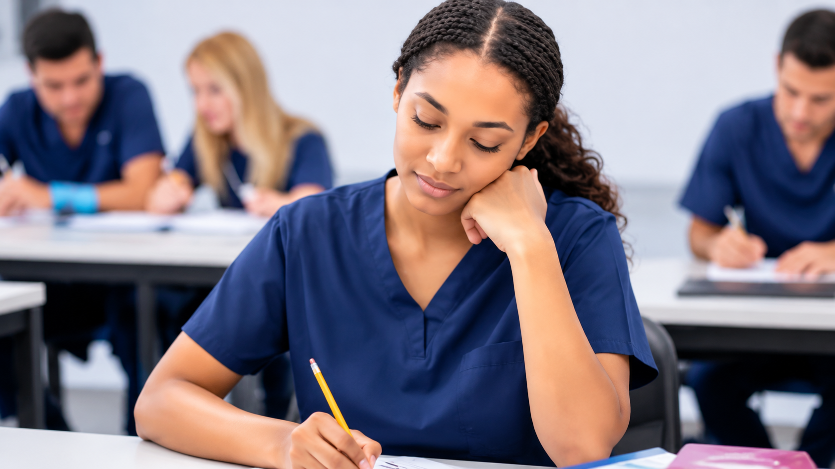 Student in blue scrubs writing in a classroom while classmates work in the background