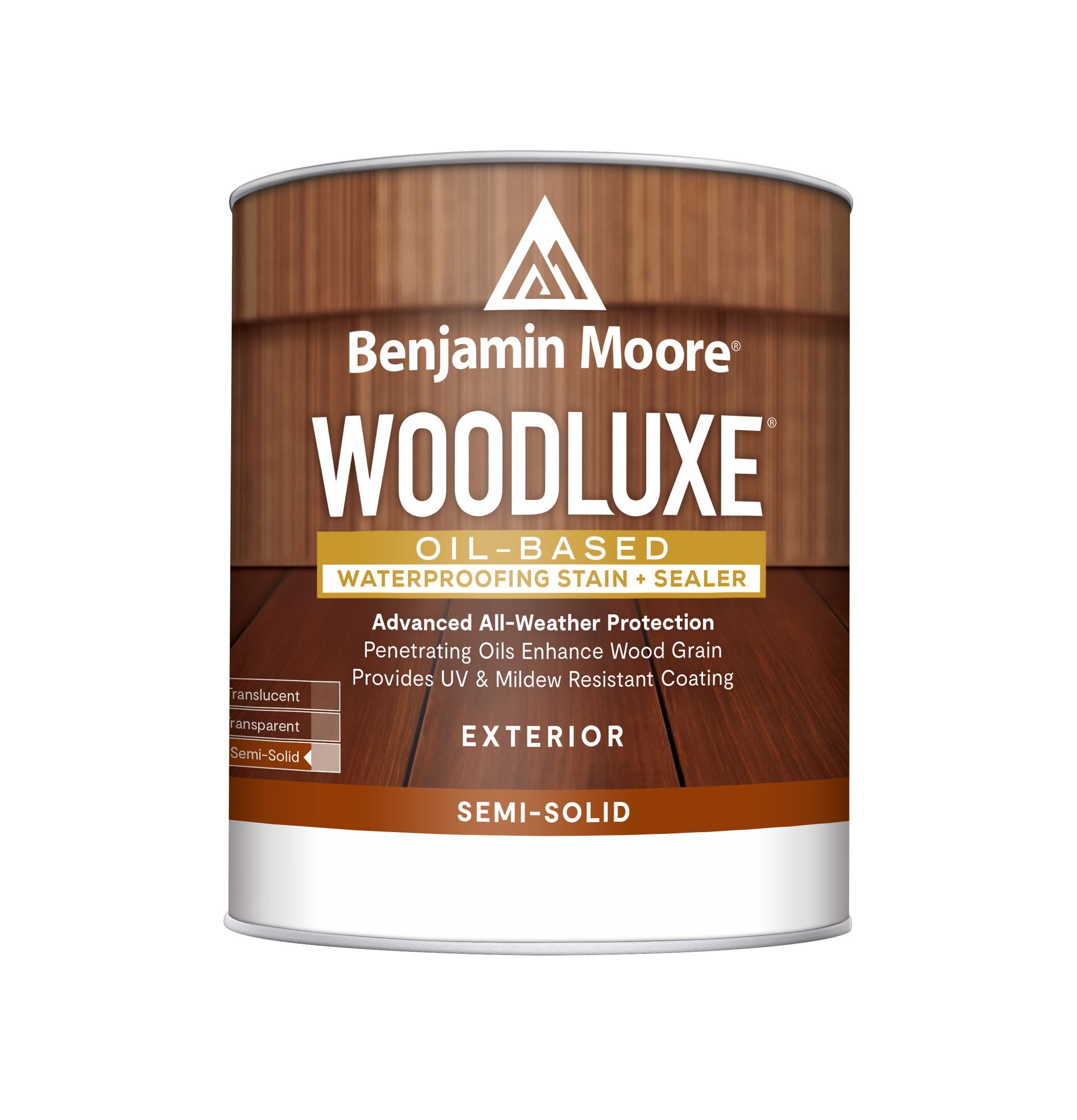 A can of benjamin moore woodluxe oil based waterproofing stain