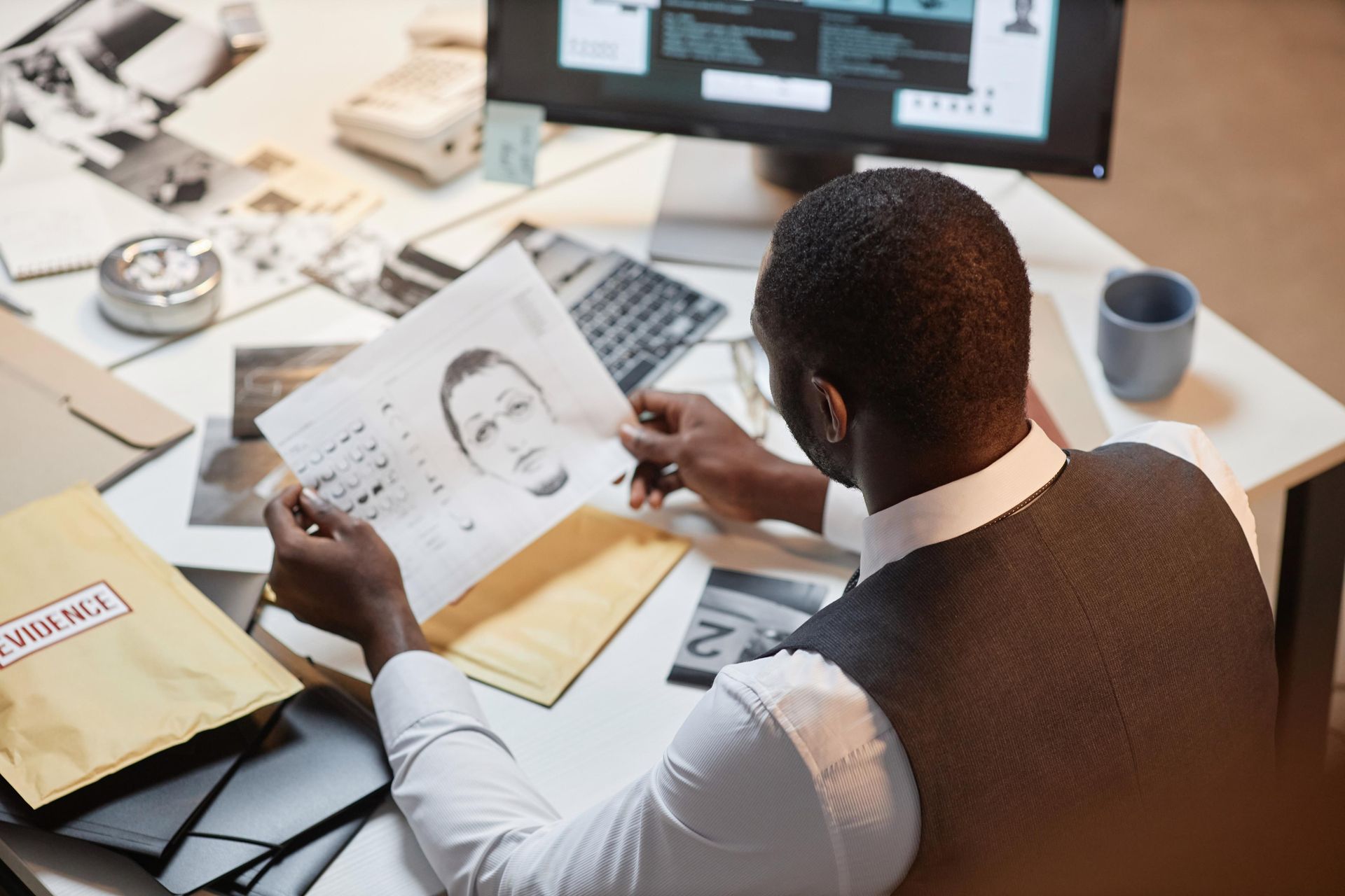 Person examining a photo at a desk with crime scene materials, computer, and paperwork.