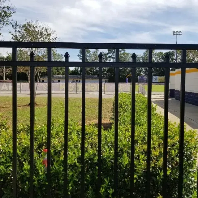 A black metal fence surrounds a lush green field