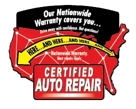 Red U.S. map with arrows and “Certified Auto Repair” badge, promoting nationwide warranty coverage