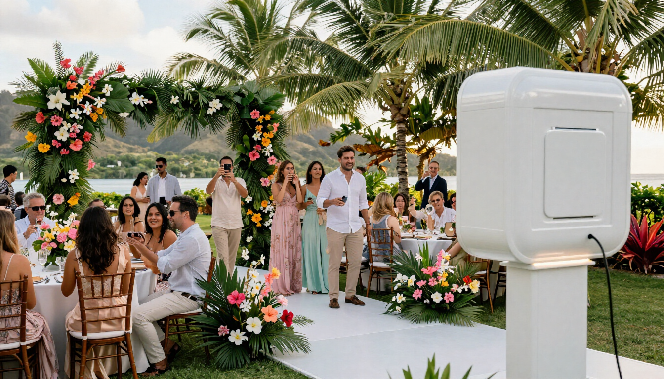 Borne selfie moderne lors d'un mariage élégant en Nouvelle-Calédonie.