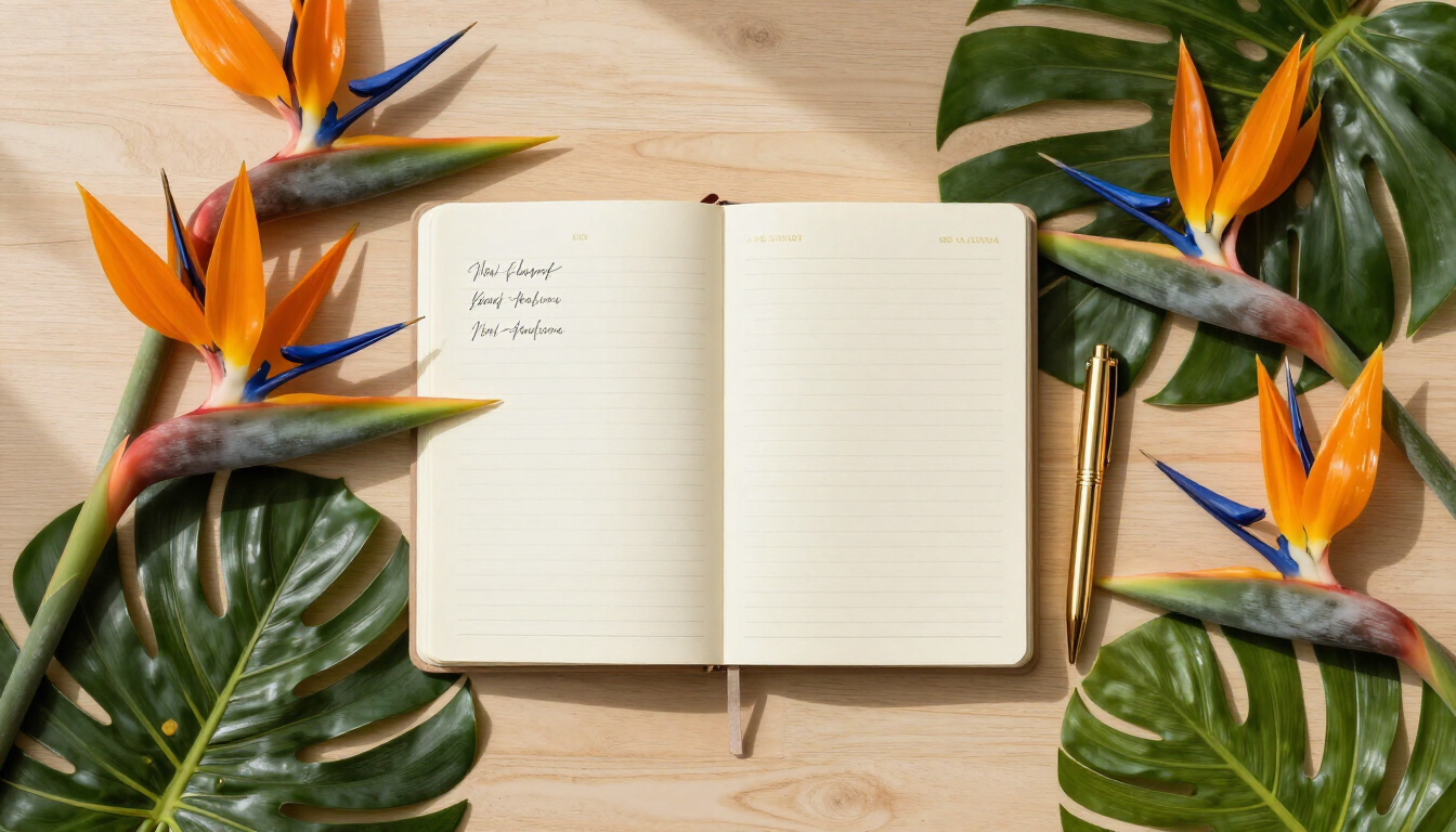 Guide de planification d'événement en Nouvelle-Calédonie avec calendrier et fleurs.