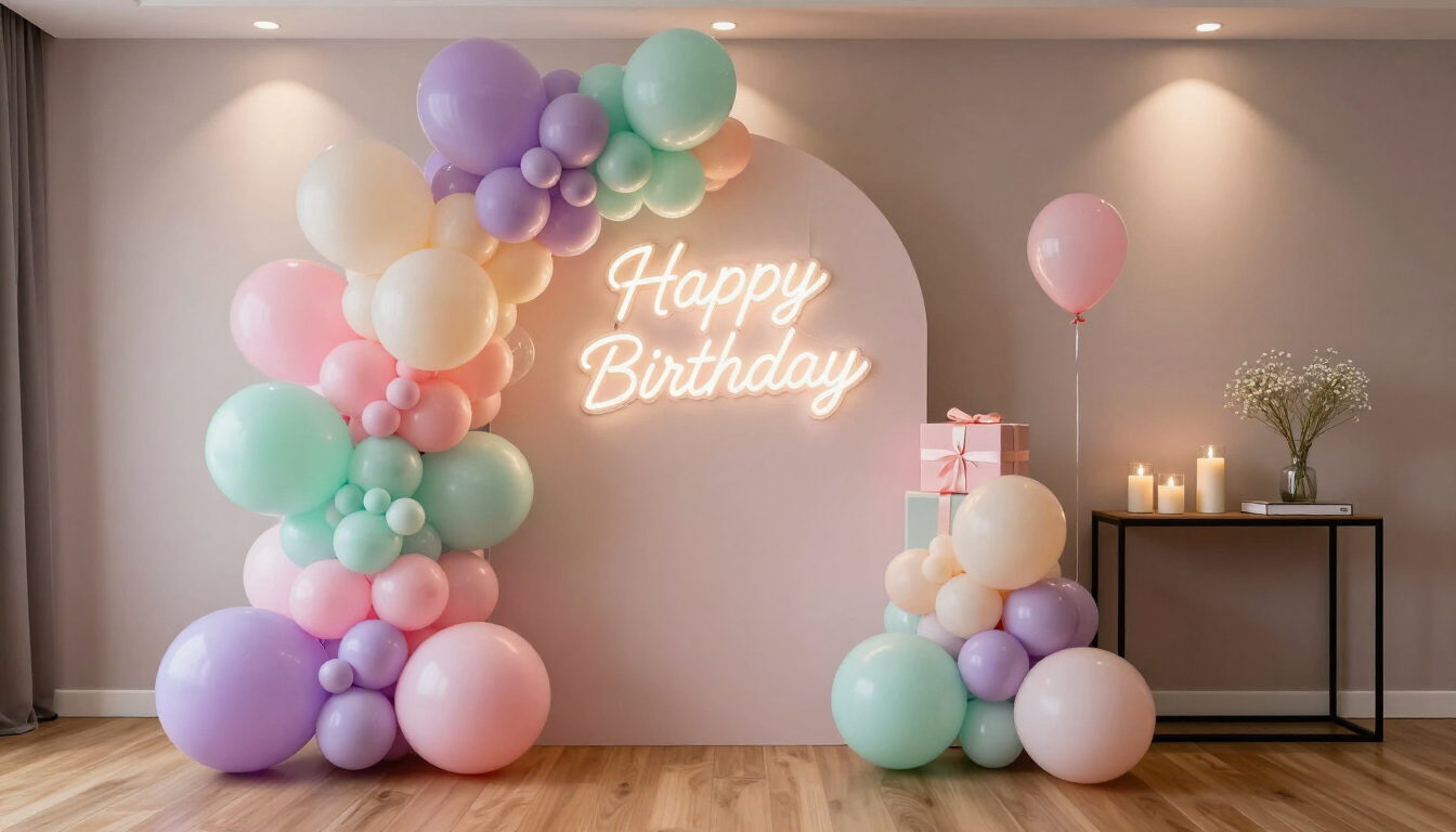 Installation de ballons et néon pour une fête d'anniversaire