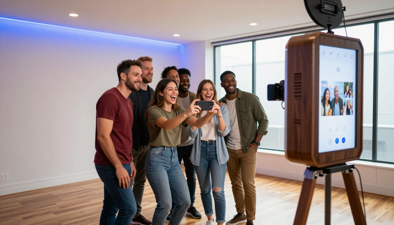 Invités s'amusant avec une borne photo interactive