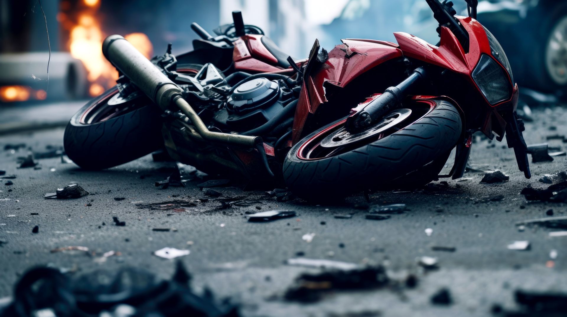 A wrecked red motorcycle lies on a street after a collision, surrounded by debris.