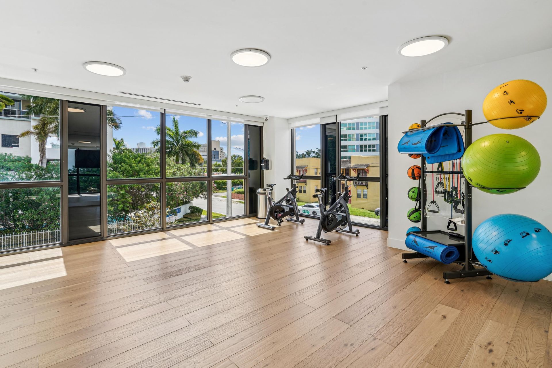 Bright fitness center with stationary bikes and a rack of mats and balls by large windows.