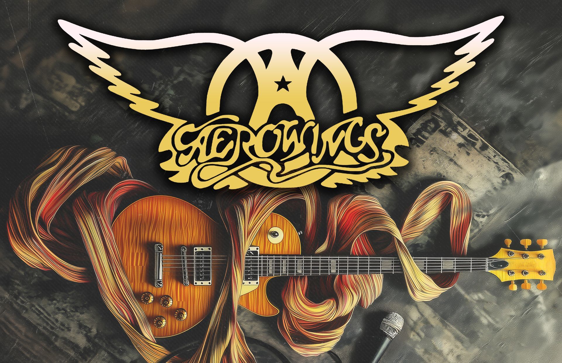 Aerosmith logo with guitar and microphone on textured backdrop.