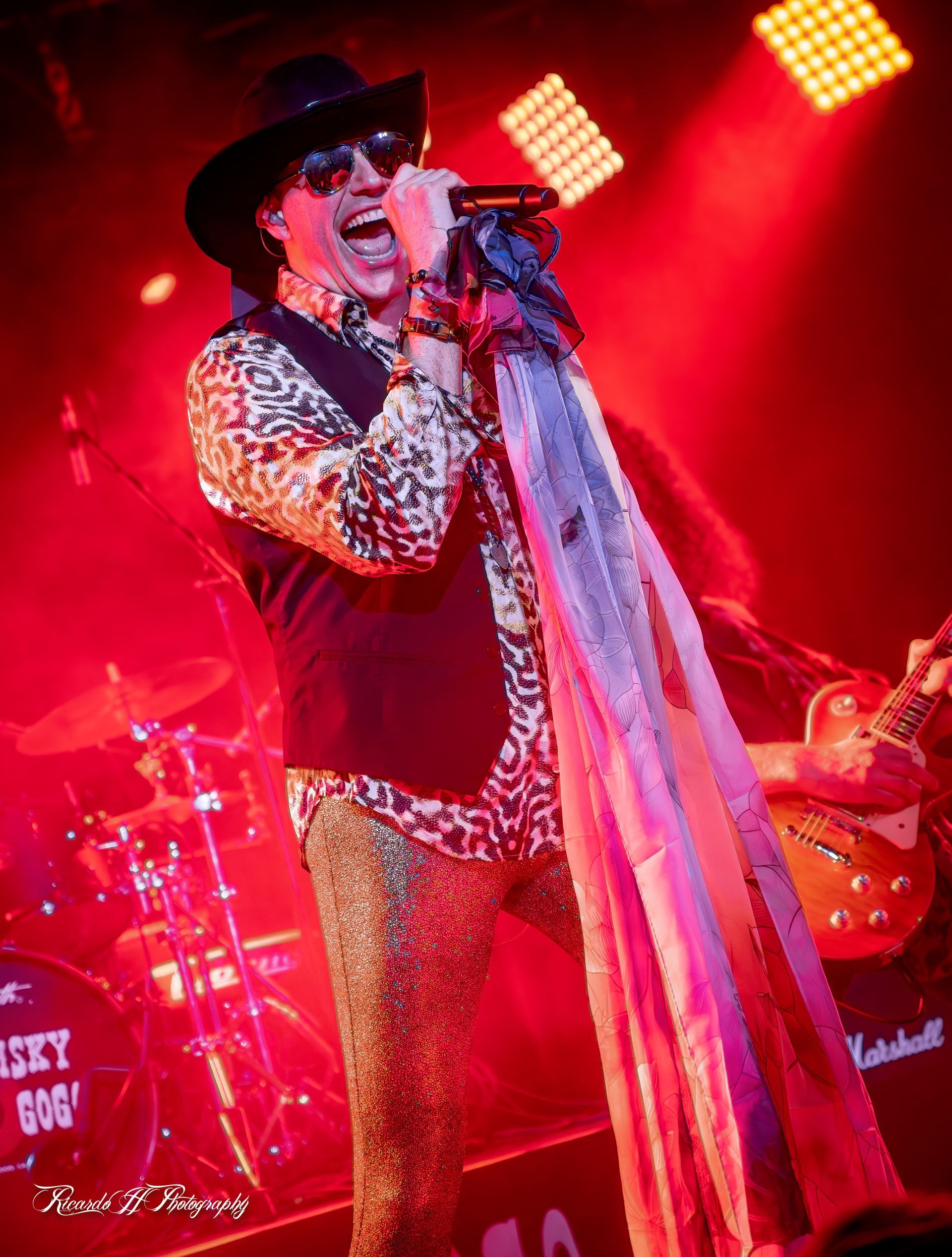 A man in a cowboy hat is singing into a microphone on a stage.