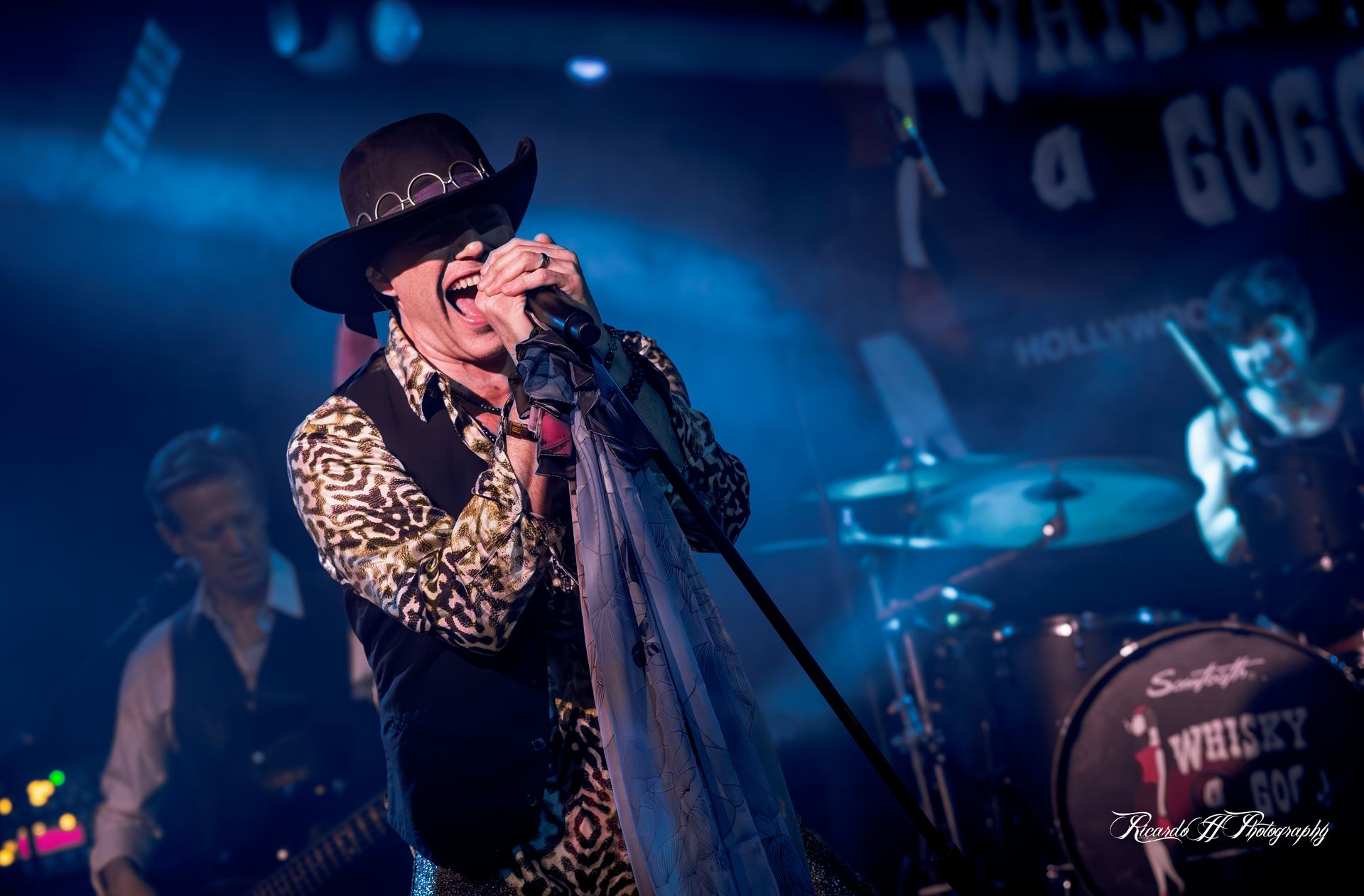 A man in a cowboy hat is singing into a microphone on a stage.