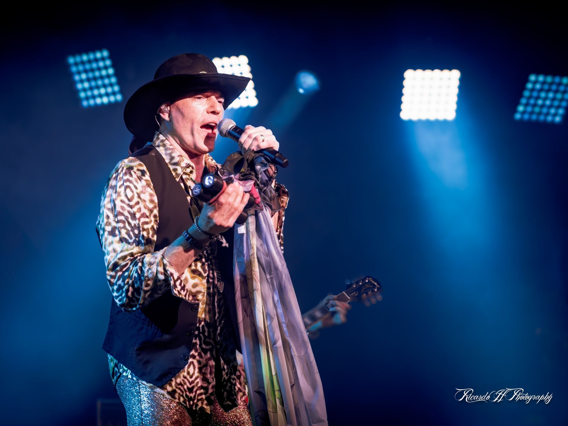 A man in a cowboy hat is singing into a microphone on a stage