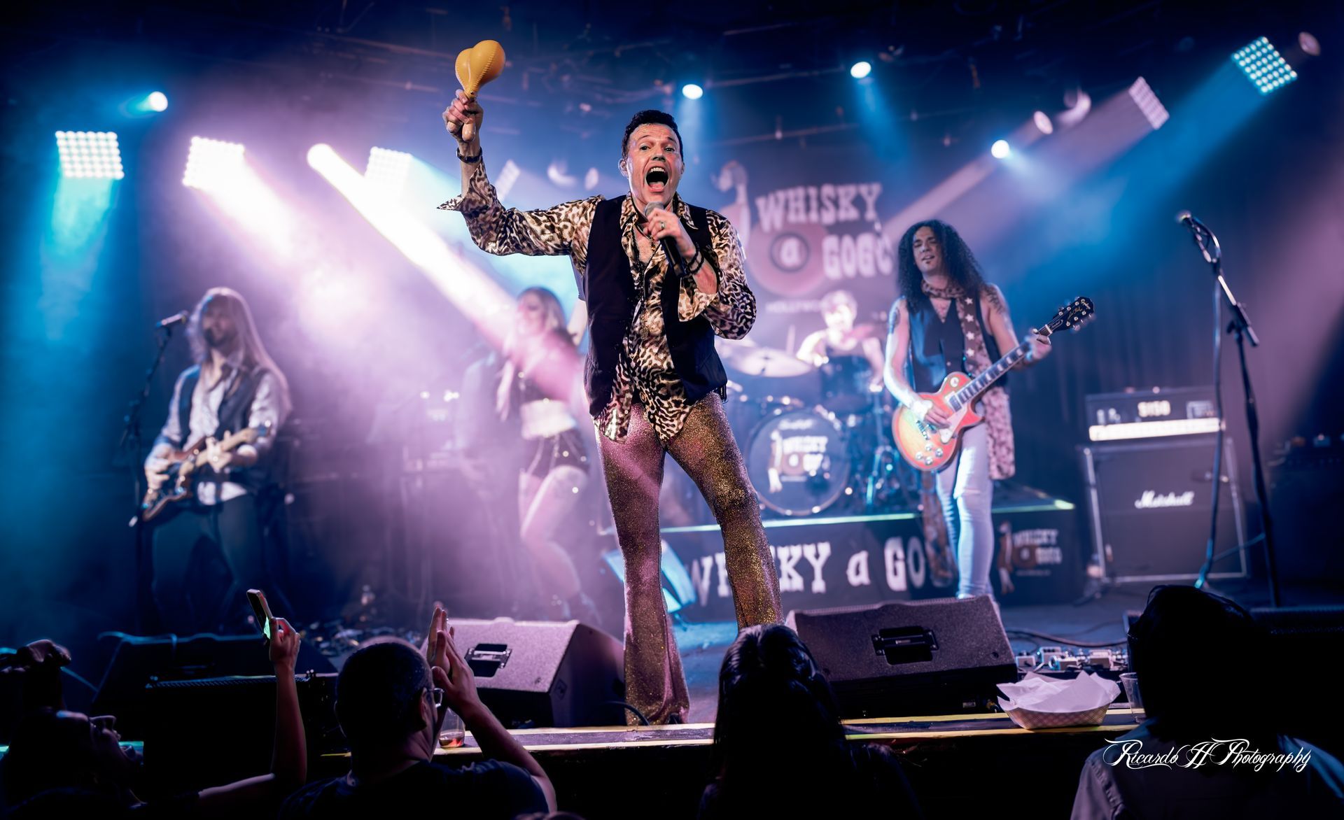 A man is singing into a microphone on a stage with a band behind him.