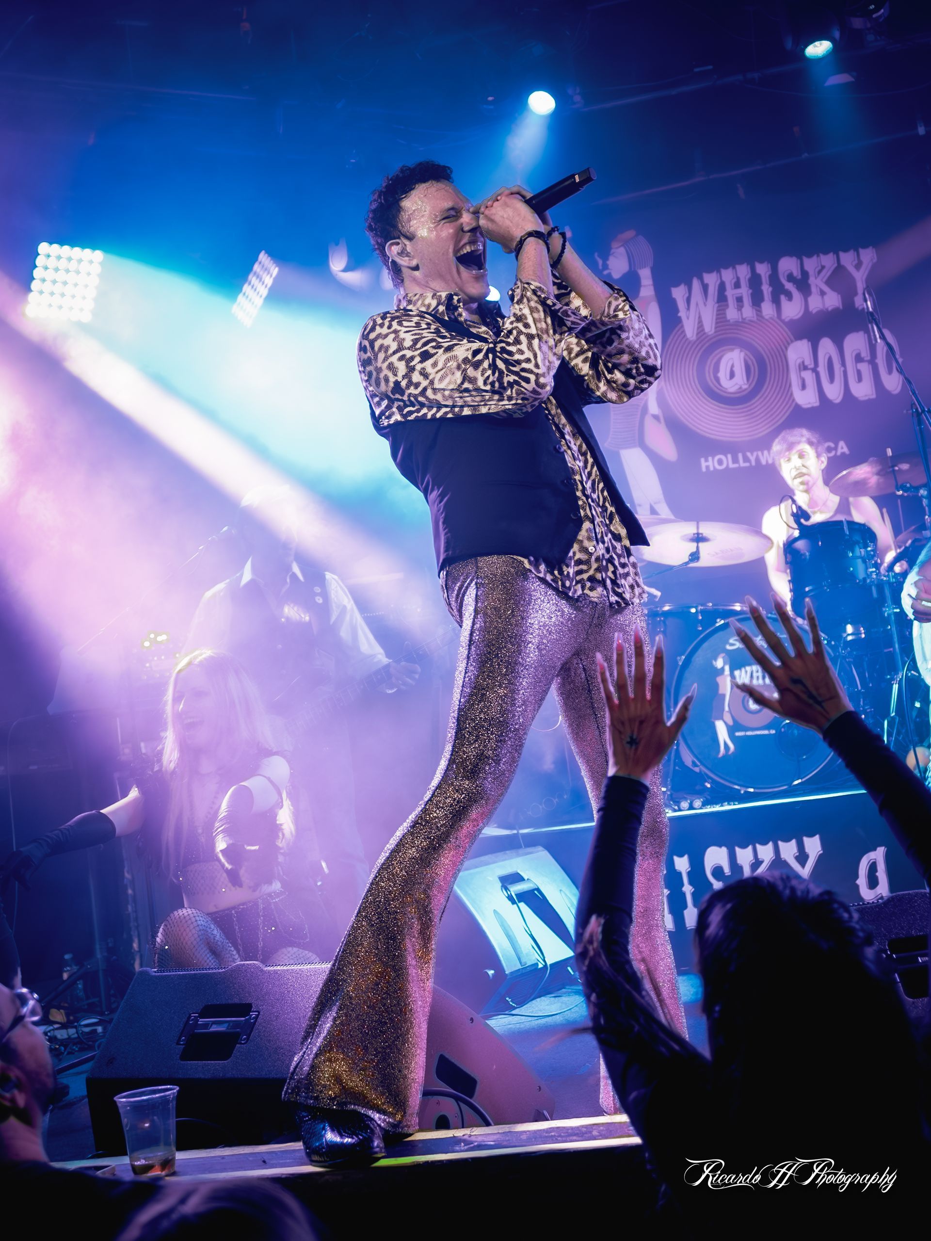 A man is singing into a microphone on a stage in front of a crowd.