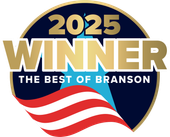 2025 Best of Branson Winner badge with gold text on blue and a red and white flag element.