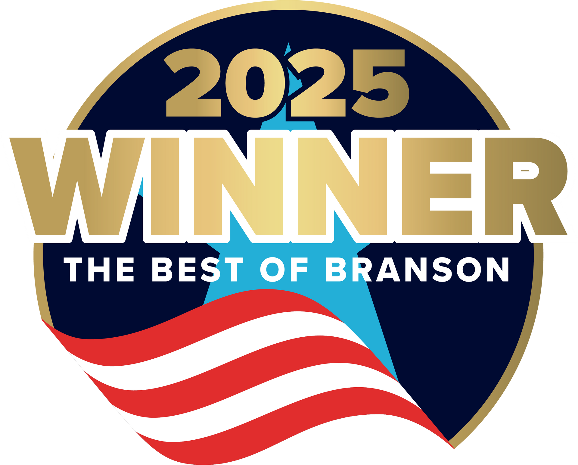 2025 Best of Branson Winner badge with gold text on blue and a red and white flag element.