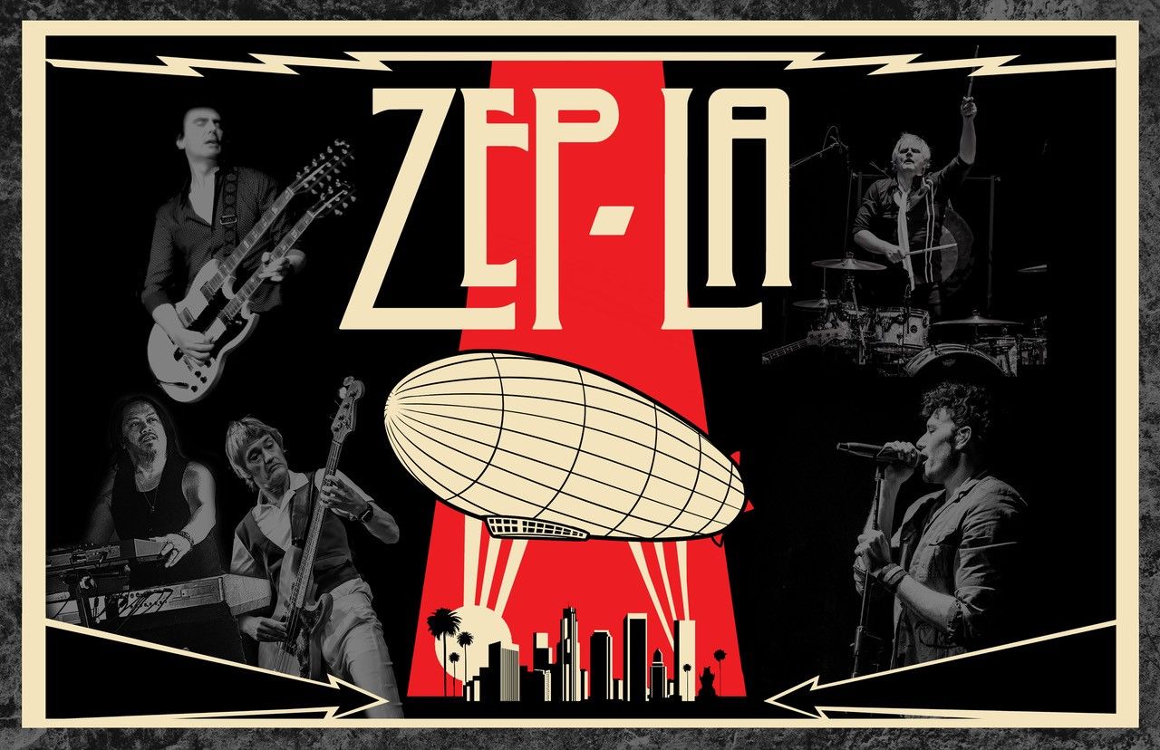 Band poster for ZEP-LA. Musicians perform, centered over a zeppelin and city skyline, set against red and black.
