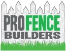 Logo for Pro Fence Builders featuring text over a wooden fence background and green grass.