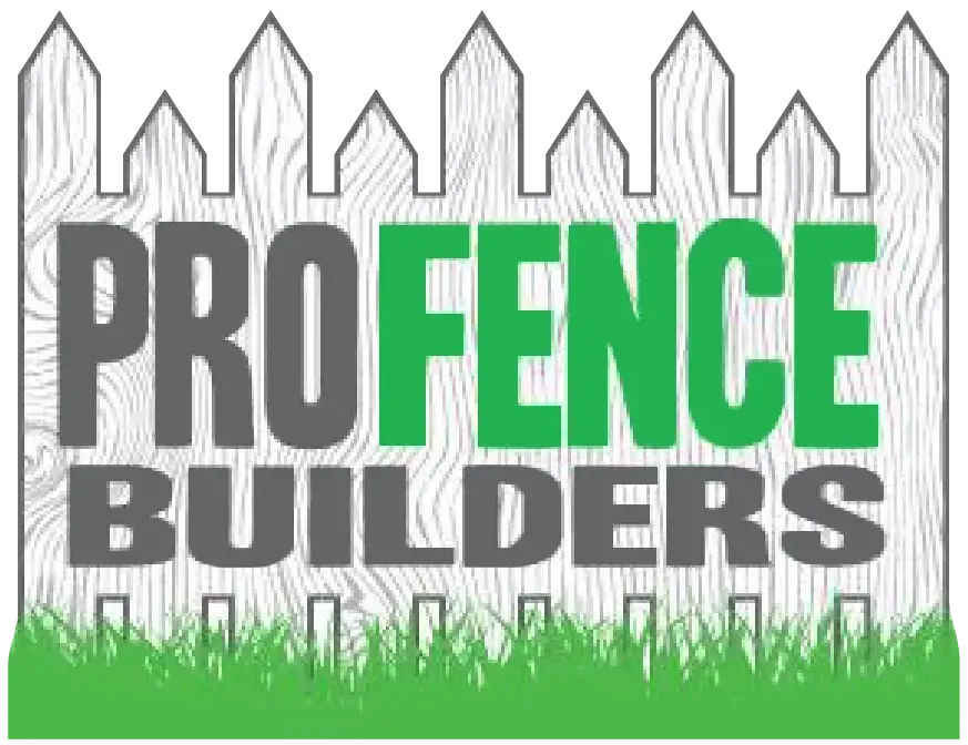 Logo for Pro Fence Builders featuring text over a wooden fence background and green grass.