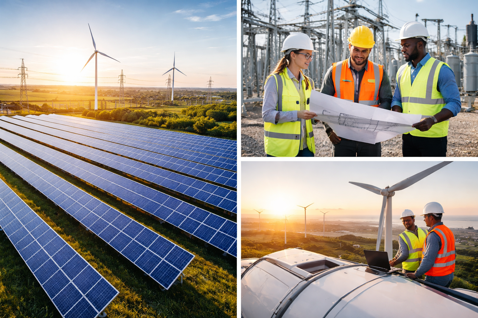Solar panels and wind turbines with engineers working on a project.