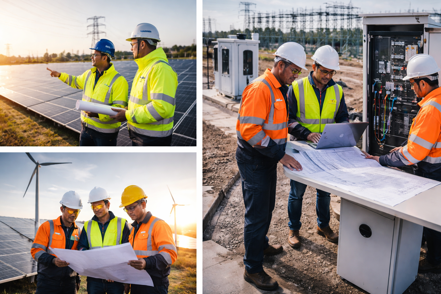 Engineers in safety vests and hard hats reviewing plans at solar and wind energy sites.
