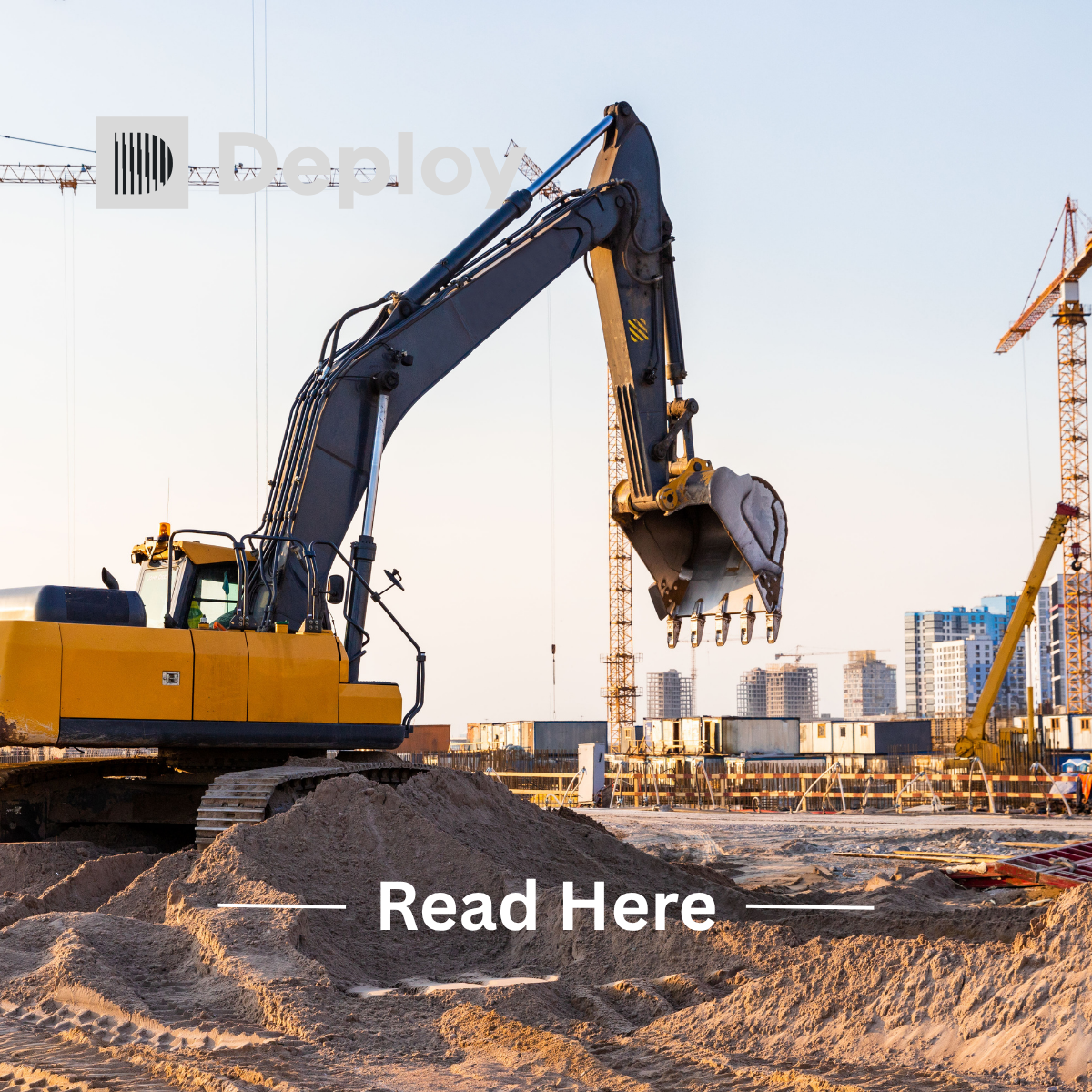 Yellow excavator digging dirt at a construction site with cranes and buildings in the background