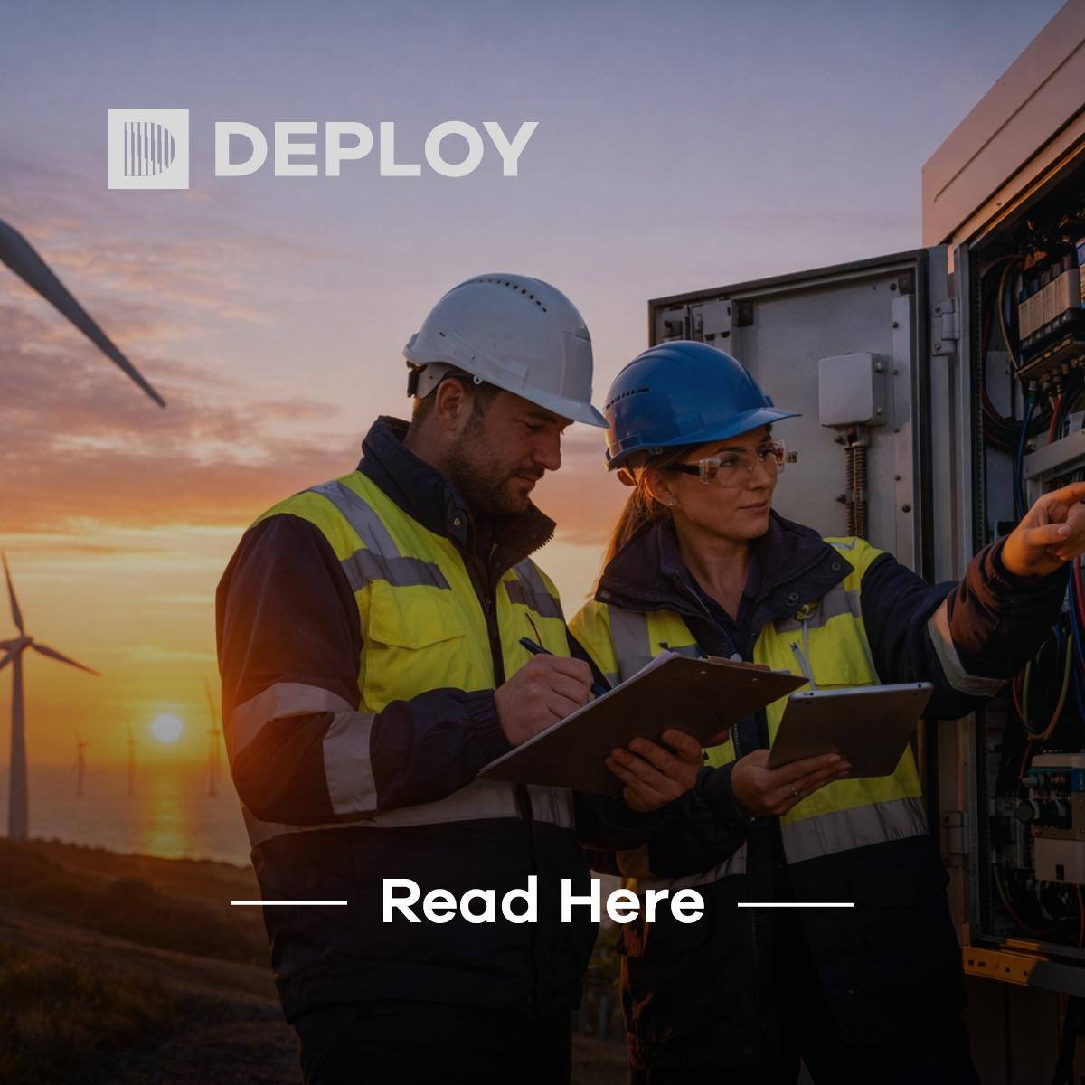 Two workers in safety gear and hard hats examine technical equipment at a wind farm during sunset.